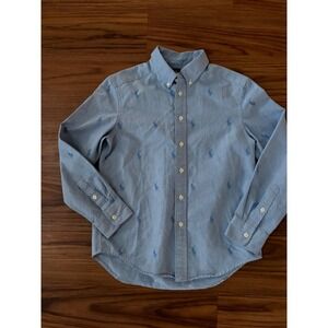 Ralph Lauren Boys Light Blue All Over Pony Logo Oxford Button Down Shirt Size M